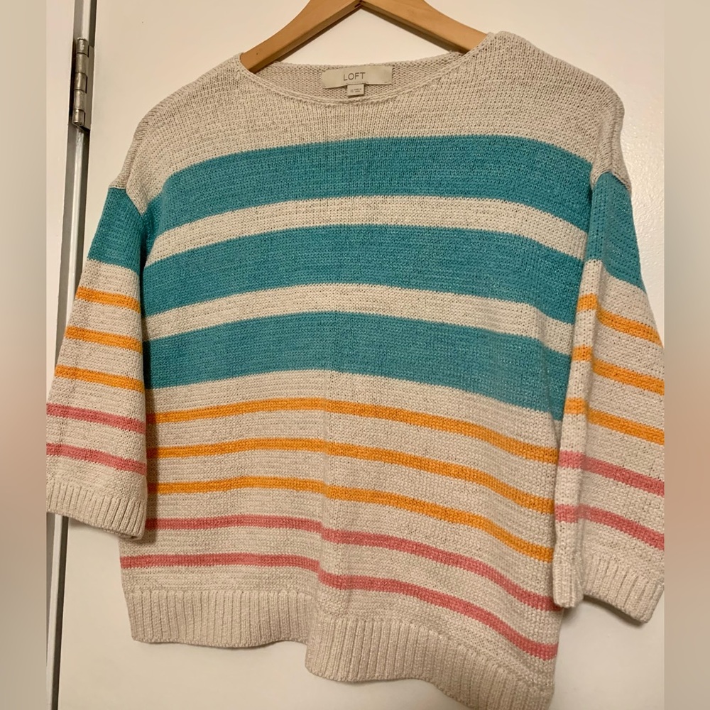 Cute lightweight striped Loft sweater, teal beige orange knit - Picture 5 of 7